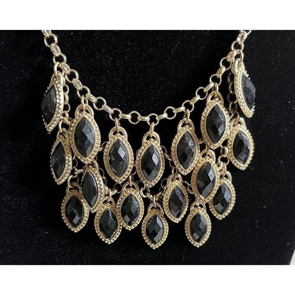 Waterfall Tear Drop Style Bib Statement Necklace Gold Tone Black Jet 20" - Picture 3 of 6